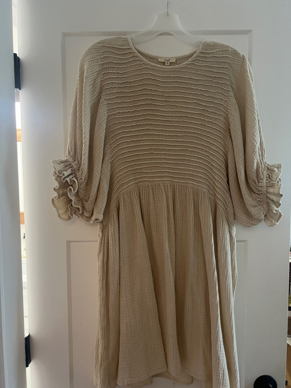 Three Bird Nest 100% Cotton Cream Textured Ruffle Sleeve Tunic Dress